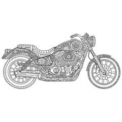 Intricate line art drawing of a classic motorcycle with detailed patterns, perfect for adult coloring books and creative projects.