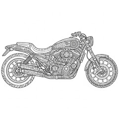 Intricate black and white illustration of a motorcycle, showcasing detailed mechanical components.