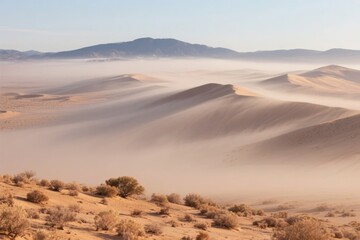 Sand dunes in a desert landscape with mist and distant mountains