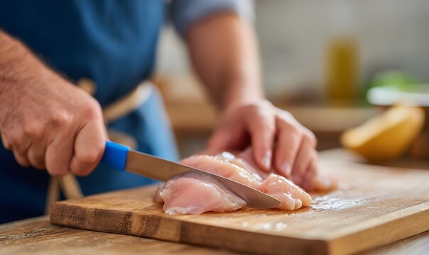 A man cuts chicken on a table with a wooden board and a blue knife - Powered by Adobe