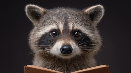 Adorable raccoon with expressive eyes reading a book against a dark background, capturing curiosity and charm
