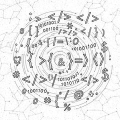 A swirling vortex of programming symbols, binary code, and mathematical operators against a starry background.