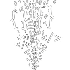 Abstract representation of programming code and binary data flowing downwards, featuring curly braces, operators, and digits.