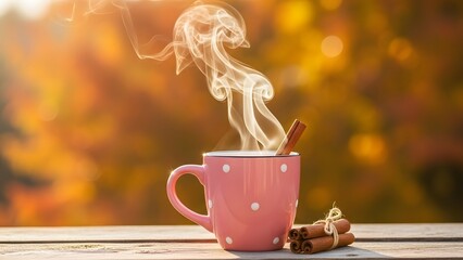 Steaming cup of hot cinnamon tea a cozy autumn drink on a wooden surface blurred fall background