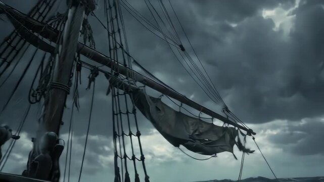 View from a ship's mast, sails and rigging in a stormy sky with rain