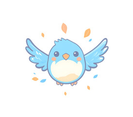 Adorable cartoon blue bird with wings spread wide surrounded by falling leaves isolated on transparent background