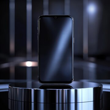 smartphone with a reflective surface on a futuristic podium, dark blur background
