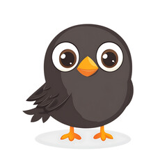 Fototapeta premium Cute cartoon black bird with big eyes and orange beak standing on a white circle isolated on transparent background