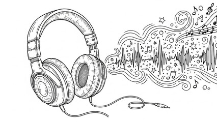 A detailed black and white illustration of headphones emitting musical notes and sound waves.