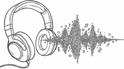 Black and white illustration of headphones with sound waves, musical notes, and stars emanating from the earcups.