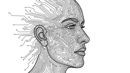 Artificial intelligence concept: Woman's face with circuit board pattern.