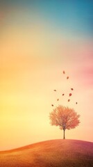 Vibrant autumn tree shedding golden leaves into wind swept air nature's beautiful seasonal transition.