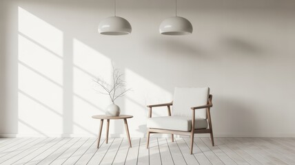 Minimalist Living Room Interior: A modern and airy living room exudes tranquility, featuring a comfortable armchair, a small table with a vase, and two elegant pendant lights.