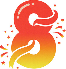 Grainy red yellow gradient number 8 with ribbon and confetti