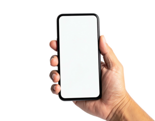 A hand holding a smartphone with a blank white screen against a black background (1)
