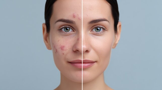 Portrait of a Woman Showing Before and After Skin Treatment on Acne and Blemishes with Split Background Color