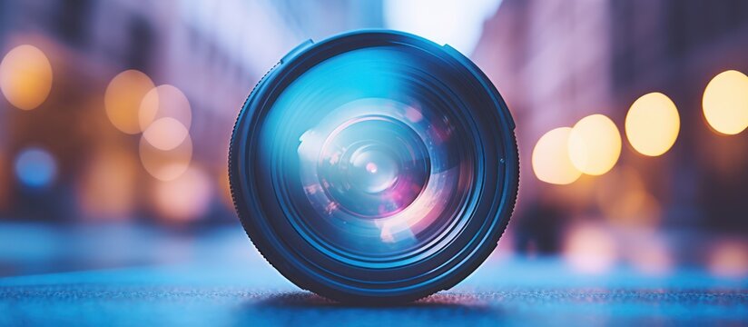 Close-up of a camera lens with beautiful bokeh lights in the background, artistic photography.