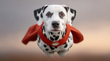 Superhero Dalmatian Dog with Red Cape Flying in the Air Against a Soft Background