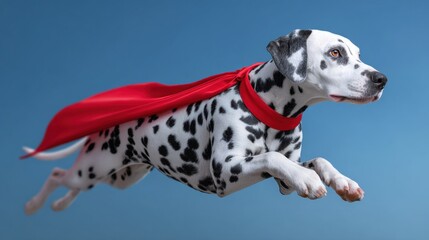 Superhero Dog Flying in the Air with Red Cape against Blue Sky Background