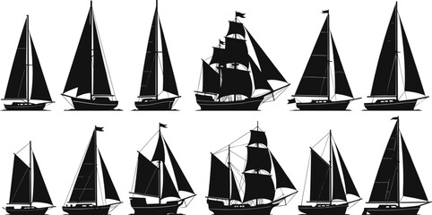 Collection of black silhouette sailing ships and schooners on a white background Keywords: sailing ship, sailboat, schooner © Creatives Mind