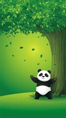 Fototapeta premium Adorable panda bear illustration relaxing under green tree nature wildlife cartoon art.