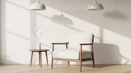 Minimalist Interior Design: An inviting and serene interior featuring a comfortable chair, stylish side table, and modern pendant lights, bathed in the soft glow of natural light. 