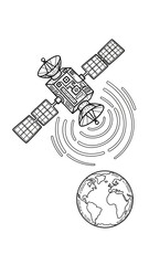 A detailed line art illustration of a communication satellite orbiting Earth and transmitting signals.