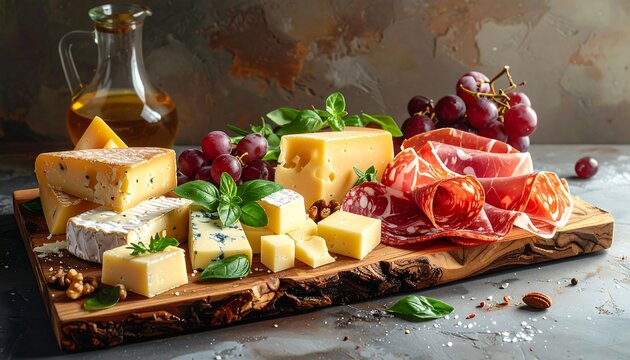 Assortment of gourmet cheeses, meats, and fruits on a wooden board - Powered by Adobe