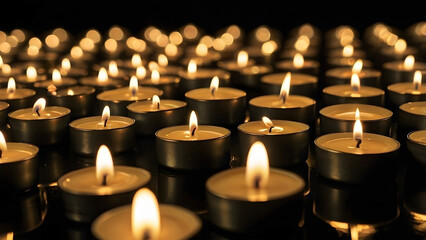 Field of burning tea light candles with warm bokeh glow, spiritual memorial background banner