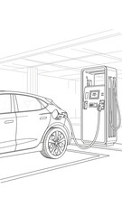 Illustration of an electric car charging at a charging station.