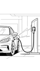 Line art illustration of a modern electric car plugged into a charging station, refueling its battery with sustainable energy.