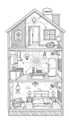 Black and white line art illustration of a three-story smart home with various connected devices and automation features, showcasing modern technology.