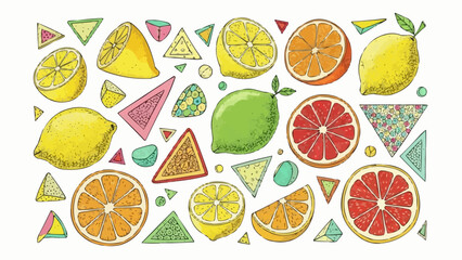 Colorful citrus fruit slices and whole fruits arranged artistically.