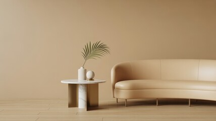 Minimalist Elegance: A stylish living room arrangement showcases a modern sofa and elegant side table, subtly decorated with natural elements to embody refined simplicity.
