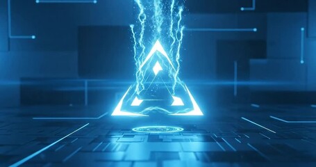 Futuristic blue triangle logo emerging from digital particles in a tech-inspired environment - Powered by Adobe