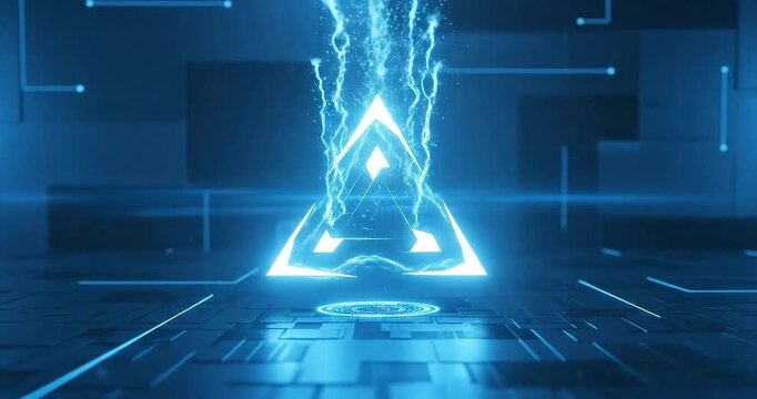 Futuristic blue triangle logo emerging from digital particles in a tech-inspired environment