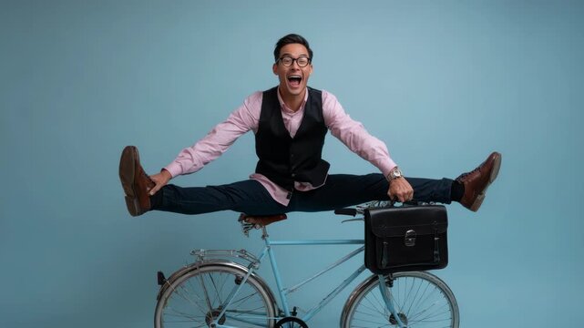 Excited businessman doing the splits on a vintage bicycle with a briefcase