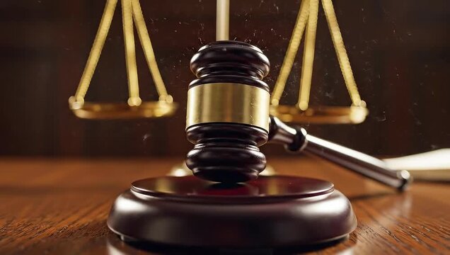 Wooden Gavel and Scales of Justice on a Wooden Desk in Courtroom Lighting