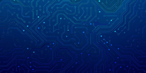 Blue circuit board background with lines and dots for technology and innovation