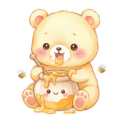 watercolor kawaii baby bear eating honey