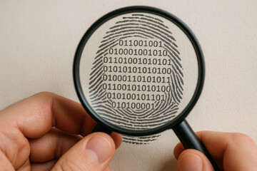 Fingerprint analysis with binary code viewed through a magnifying glass