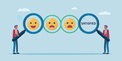 Fototapeta premium Customer satisfaction survey illustration with magnifying glass and feedback emoticons