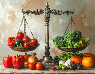Antique scale balancing fresh produce tomatoes, peppers, and broccoli