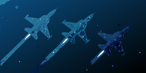 Abstract fighter jets in formation against a dark blue background