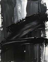 Black oil paint strokes overlap, creating expressive monochrome abstract art