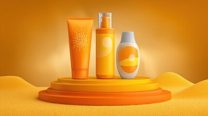 Sunscreen Promotion With Bright Products on Podium at Beach Showing Blurred White Sand and Empty Space for Text Usage