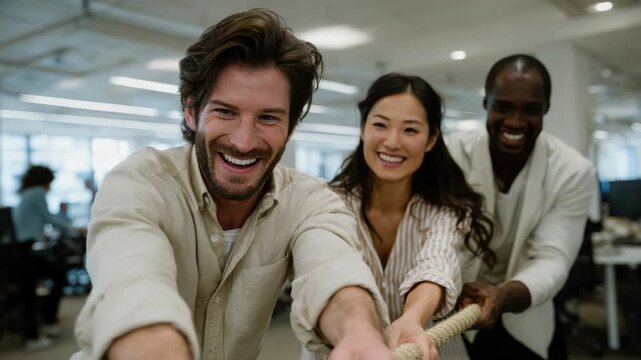 Diverse team pulling rope, playing tug-of-war in office