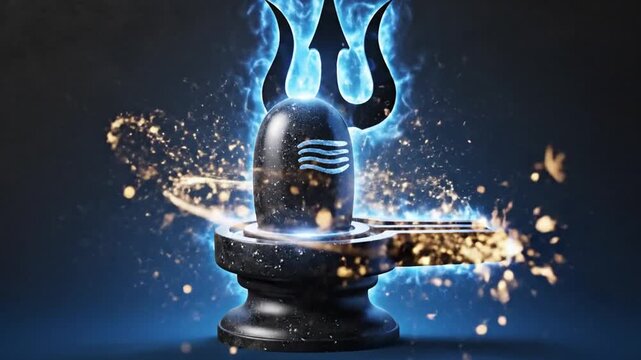 Maha Shivaratri spiritual banner, charcoal-to-blue gradient, trishul silhouette glowing behind lingam outline
