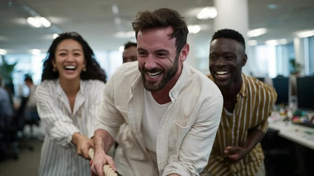 Team Building Office Game: Diverse Group Laughing Pulling Rope Challenge