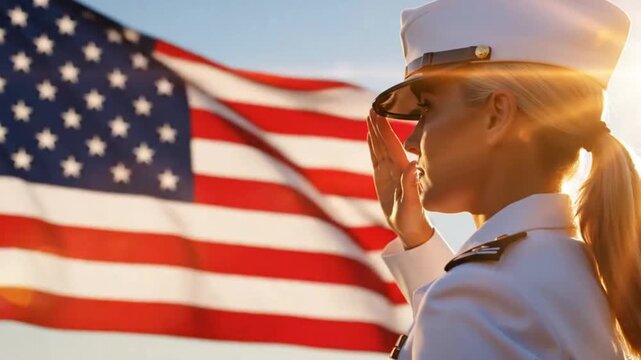 Female military officer in white uniform saluting the waving american flag during a bright sunny day, symbolizing patriotism and service
